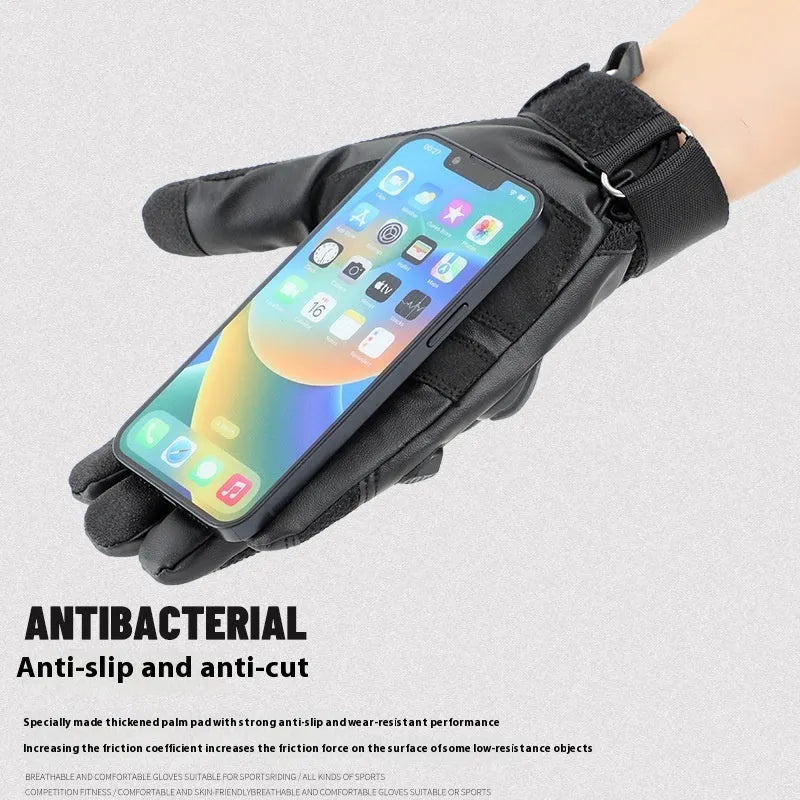 Men's black tactical full finger gloves with touch screen capability on the fingertips.