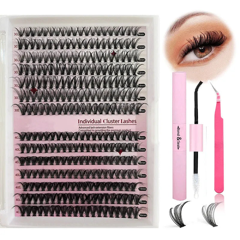 DIY cluster false eyelashes mixed package showing 30D and 40D densities in 9-16mm lengths with tweezers