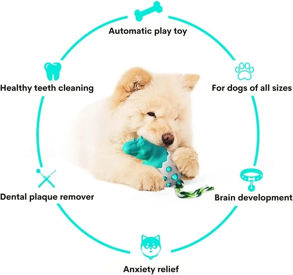 Blue dinosaur-shaped dog chew toy with rubber texture, rope tail, and dental cleaning nubs