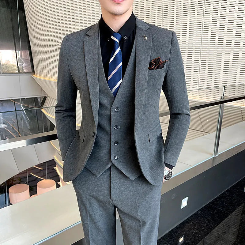 Slim fit British style men's business suit in black or dark grey cotton blend fabric