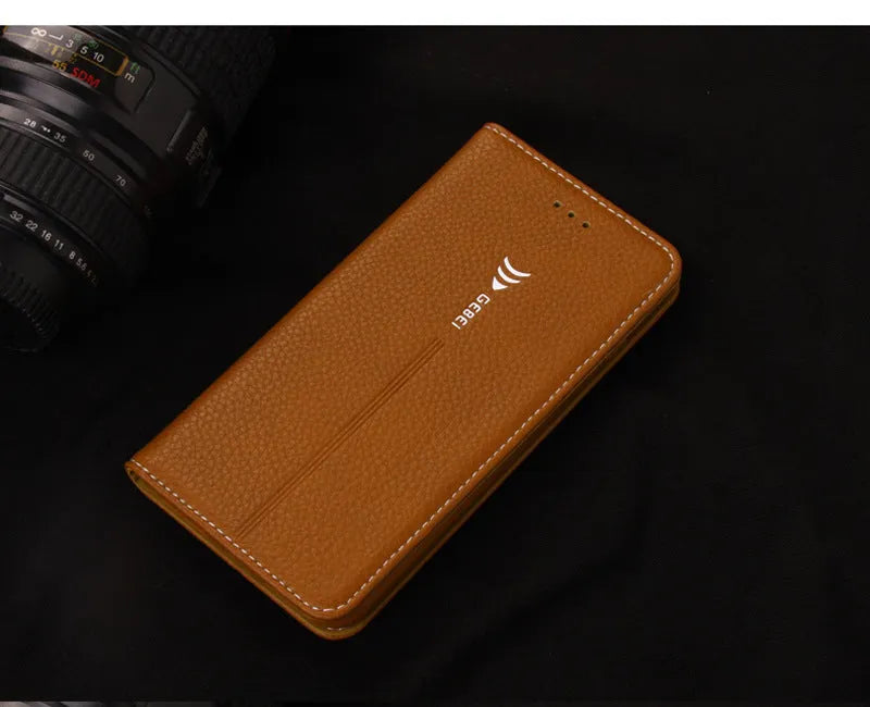 PU leather wallet phone case for iPhone with card slots in black, blue, brown, khaki, or pink