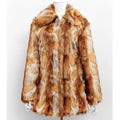 Women's medium length faux fur jacket with tiger print pattern and regular long sleeves in street fashion style