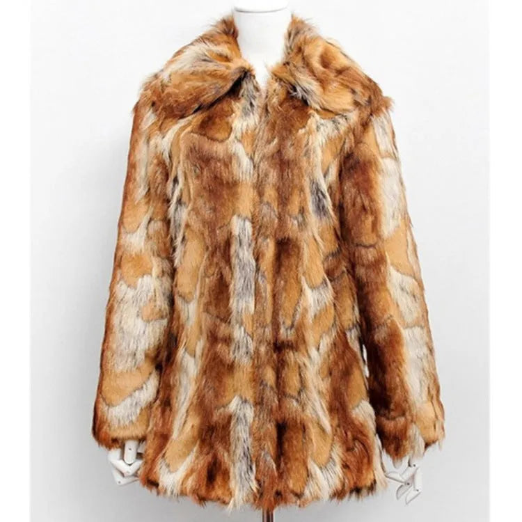 Women's medium length faux fur jacket with tiger print pattern and regular long sleeves in street fashion style