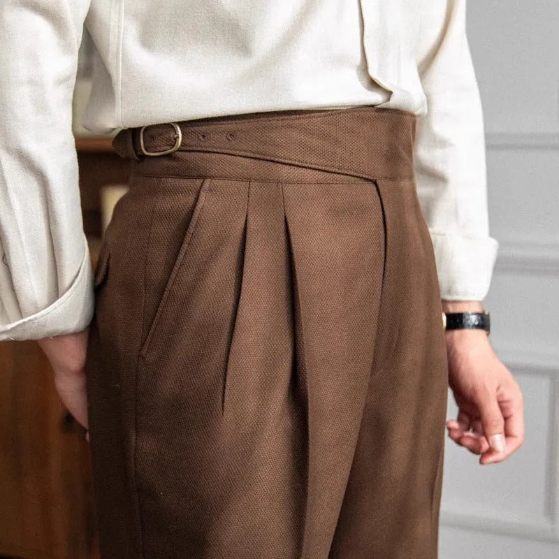 Men's high waist straight leg casual trousers in four colours with waist sizing from 28 to 36 inches