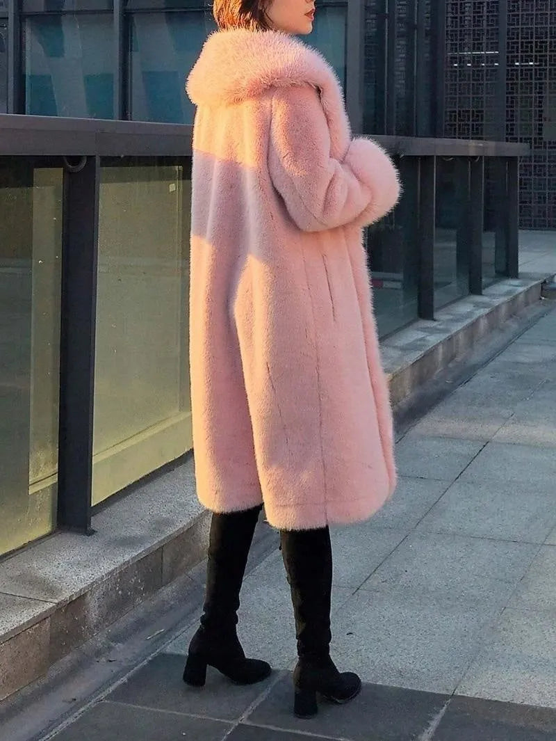 Women's thick faux rabbit fur leather coat in grey with artificial fur collar, mid-length design