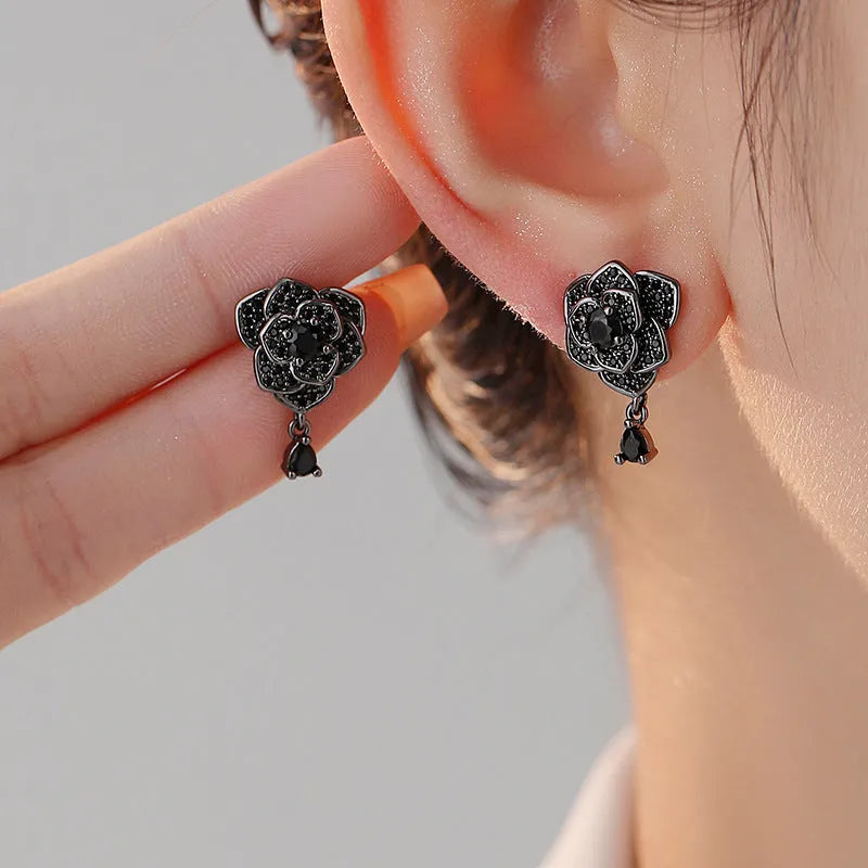 Black rose zircon flower stud earrings with electroplated 18K gold finish on copper