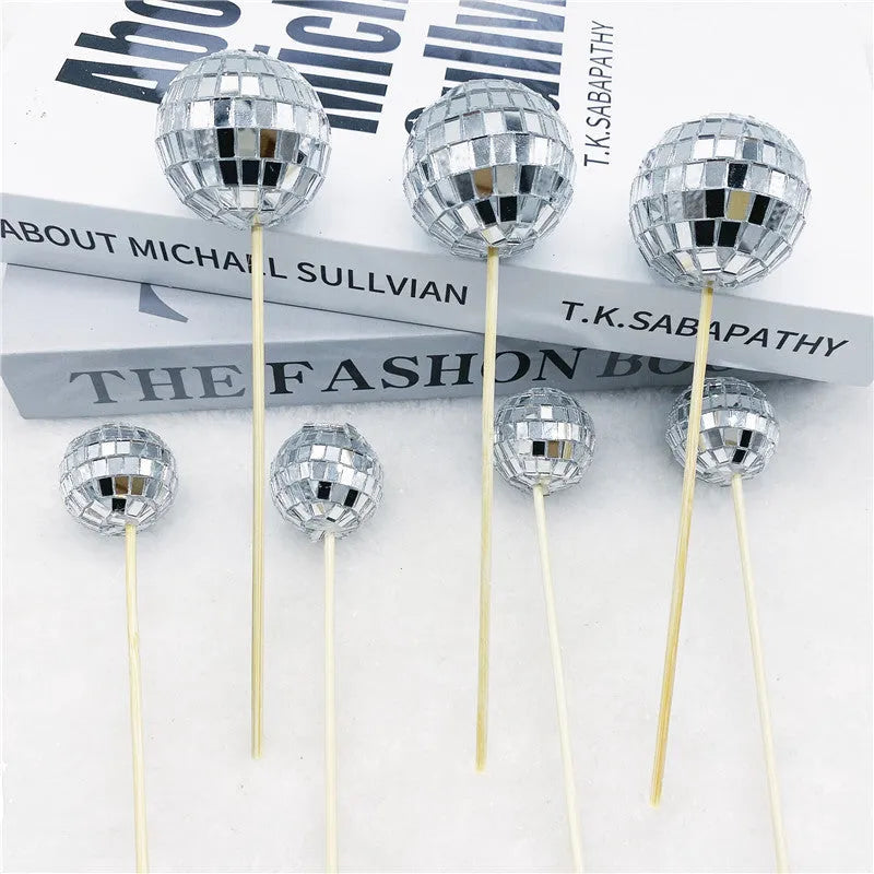 Glass disco ball cake decoration with wooden stick in various sizes for birthday cakes