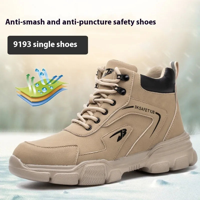 Men's brown lightweight labour protection shoes with steel toe cap on a workbench
