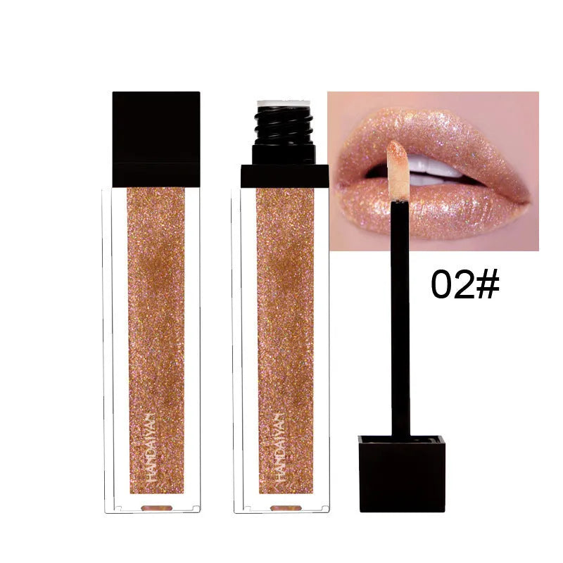 Shiny matte waterproof lip gloss tube with soft applicator, available in five shades including pink and rose red.