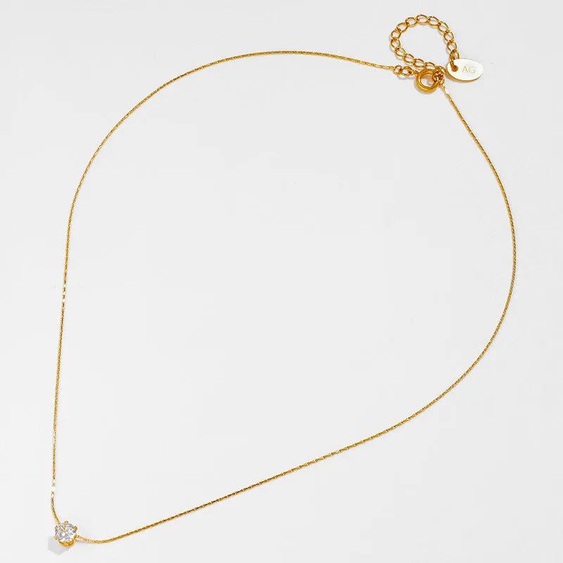 Gold titanium steel necklace with six-claw round zircon pendant, mixed gemstone inlay and bamboo chain