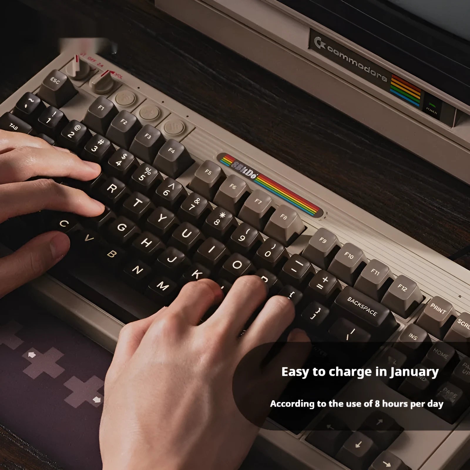 Retro87 C64 wireless Bluetooth mechanical gaming keyboard with vintage design on desk