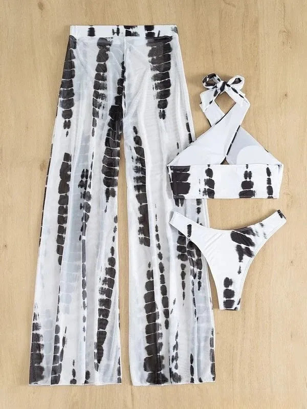 Three-piece swimsuit bikini set with mesh trousers in printing pattern