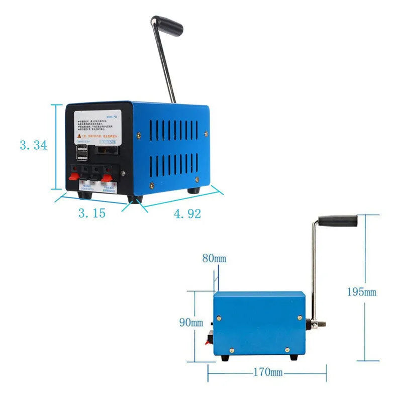 Blue metal USB hand crank emergency generator showing handle and output ports