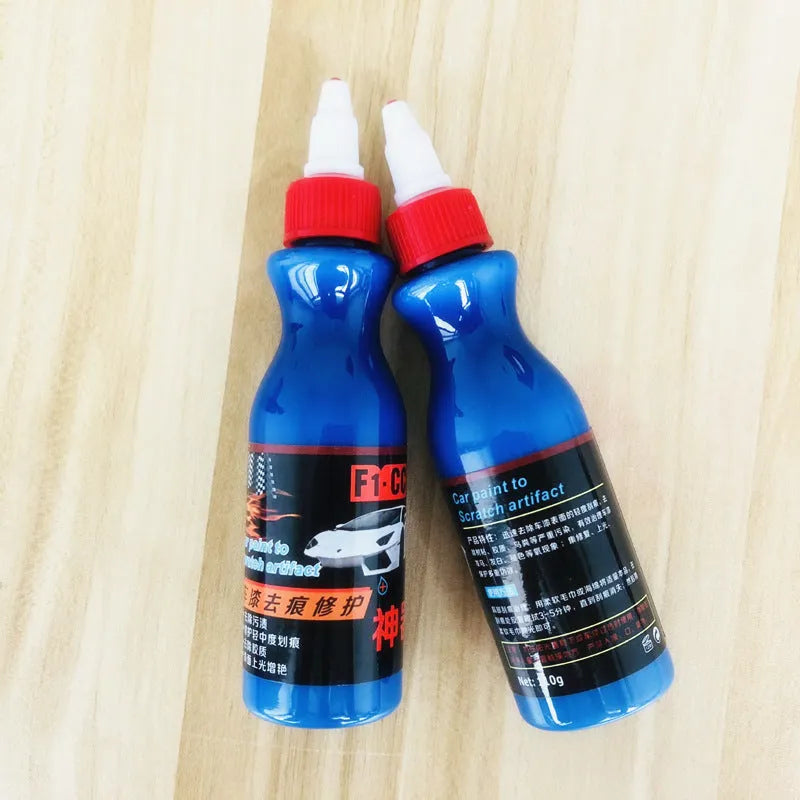 Automotive scratch repair agent bottle with dedicated wiping tool for car surface imperfections