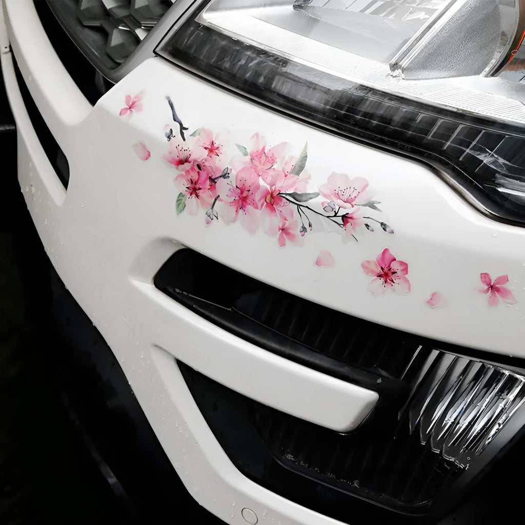 Cherry blossom flower design vinyl car sticker shown in two size options.