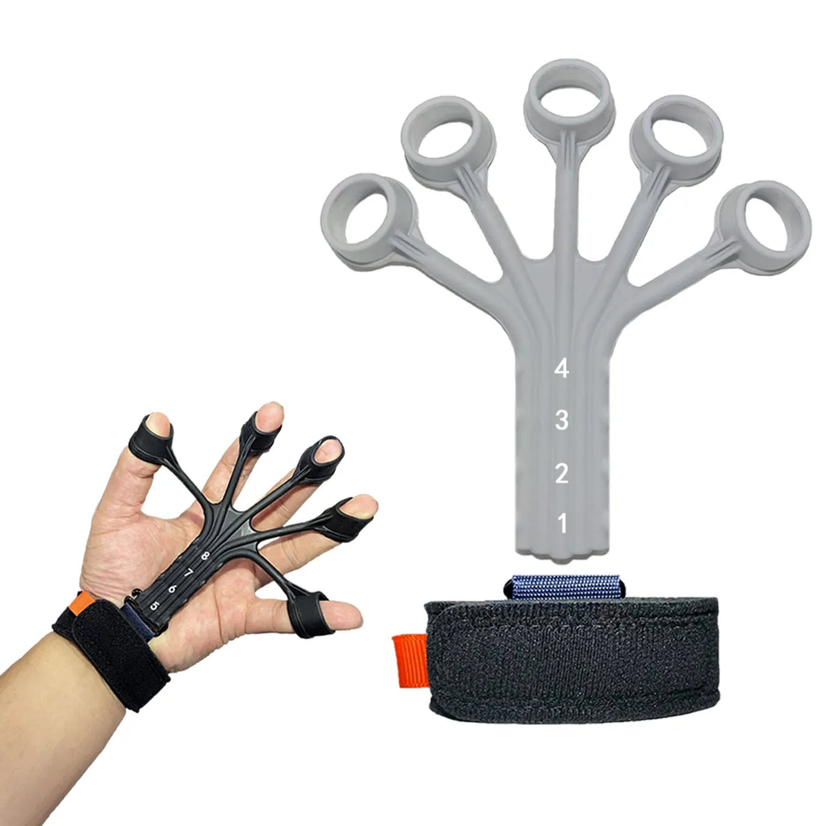 Silicone finger flexion and extension rehabilitation trainer with adjusting belt in black or grey.