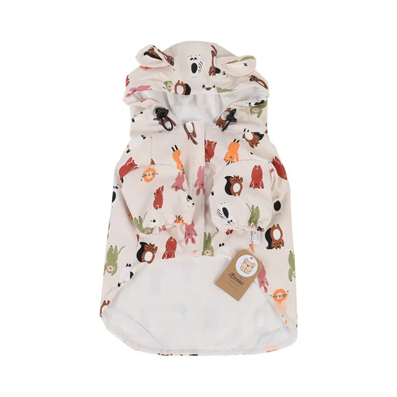 Beige cartoon dog raincoat with waterproof PU coating shown in small animal or cat head design