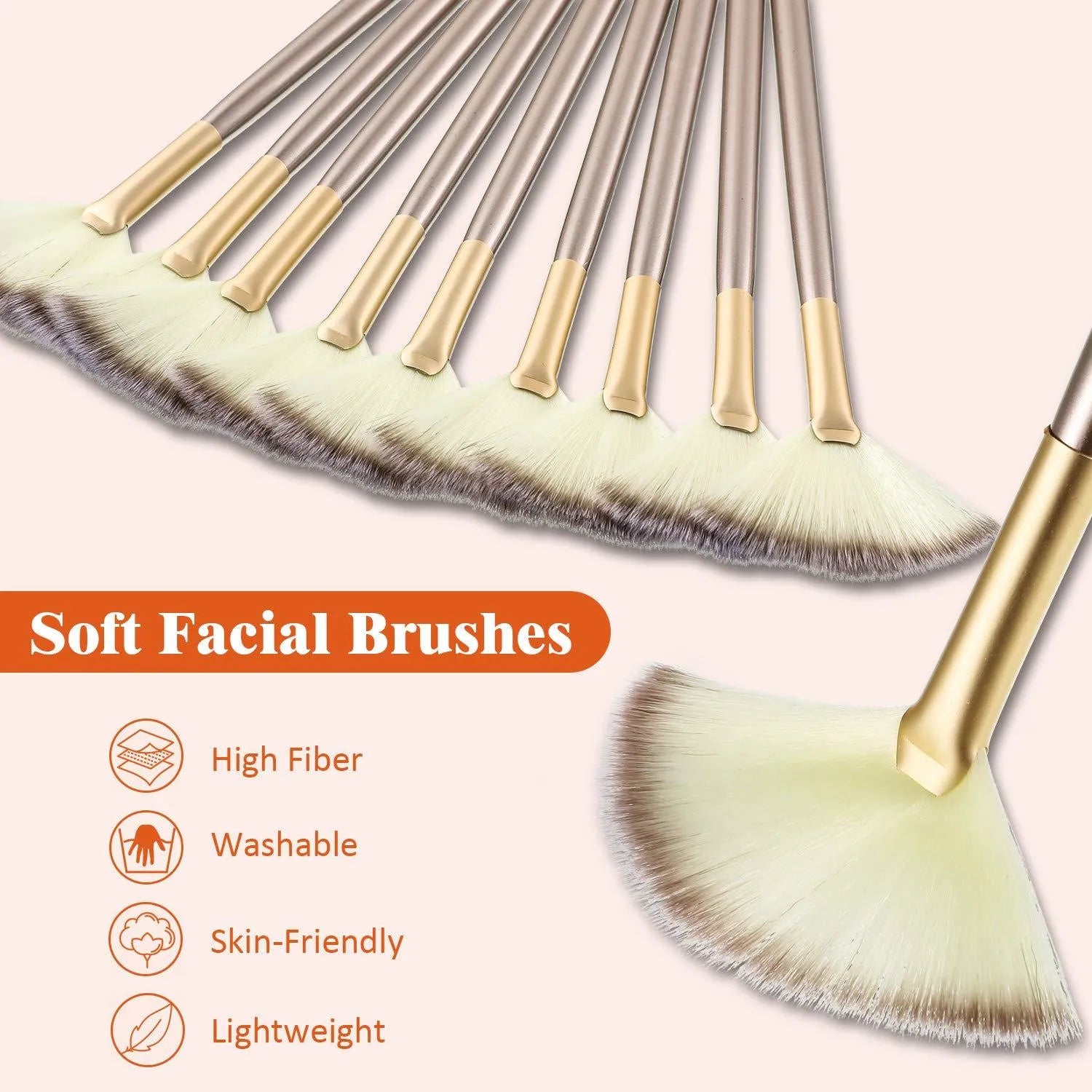Set of 10 champagne-finish facial fan brushes with protective covers for professional makeup and skincare
