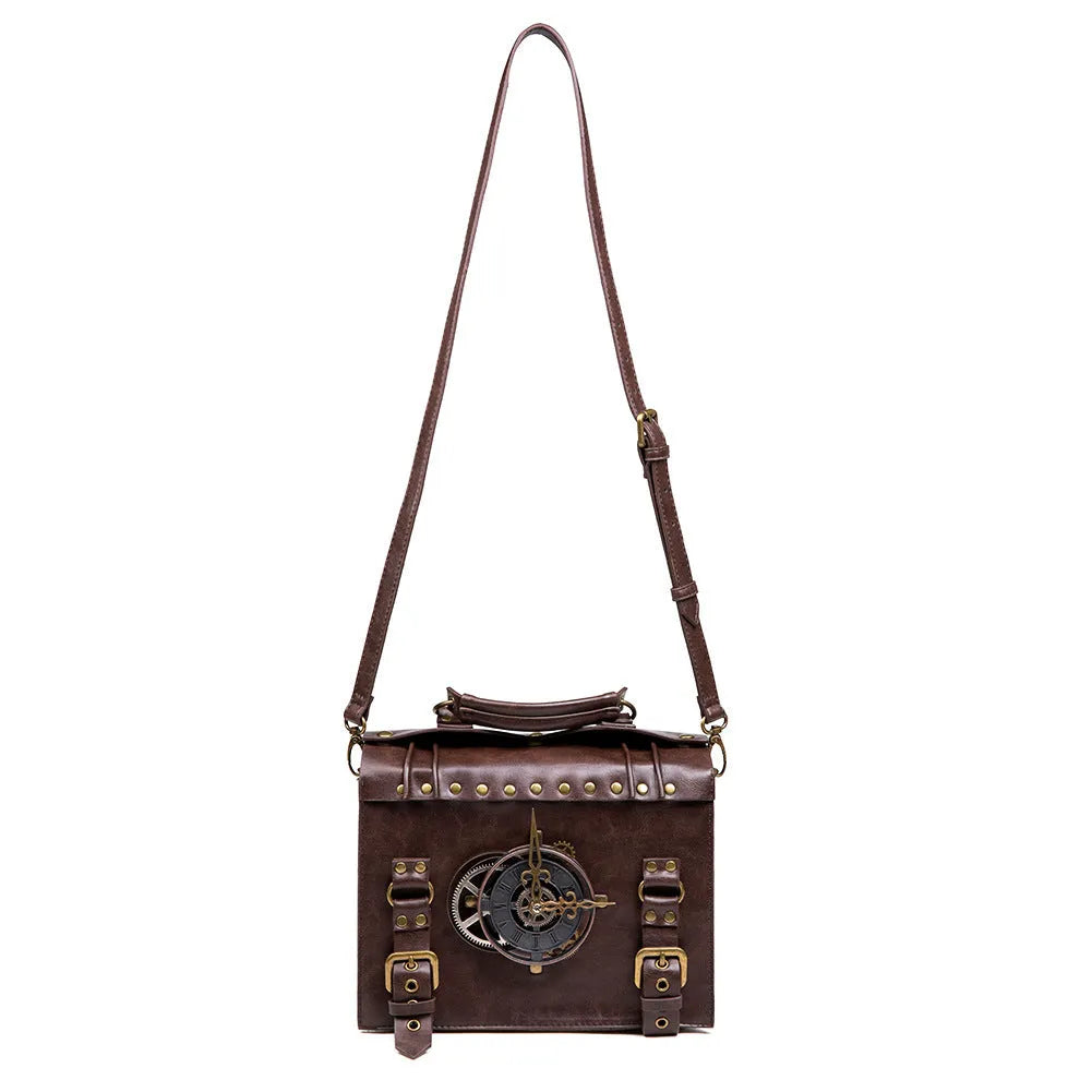 Bronze steampunk industrial retro style shoulder bag with pillow shape and metal hardware accents