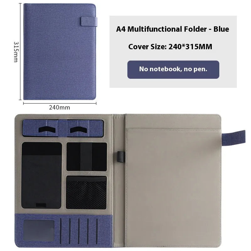 Leather A4 business folder with optional pen and notepad accessories in black colour