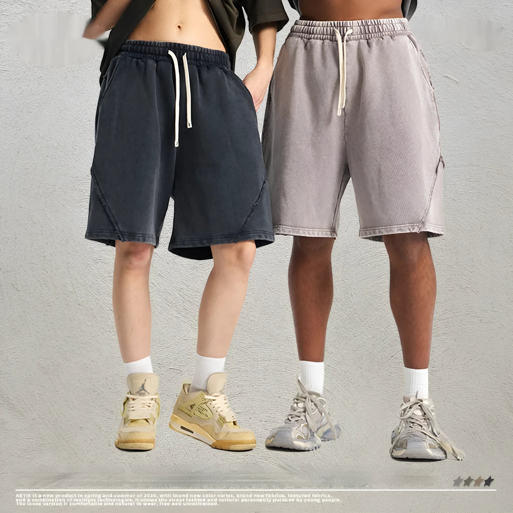 Men's loose fit batik washed patch craft retro shorts in pure cotton terry fabric showing street fashion style