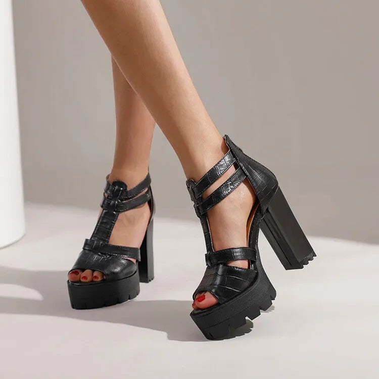 Platform high-heel sandals with round toe and back zipper closure in yellow, black or wine red