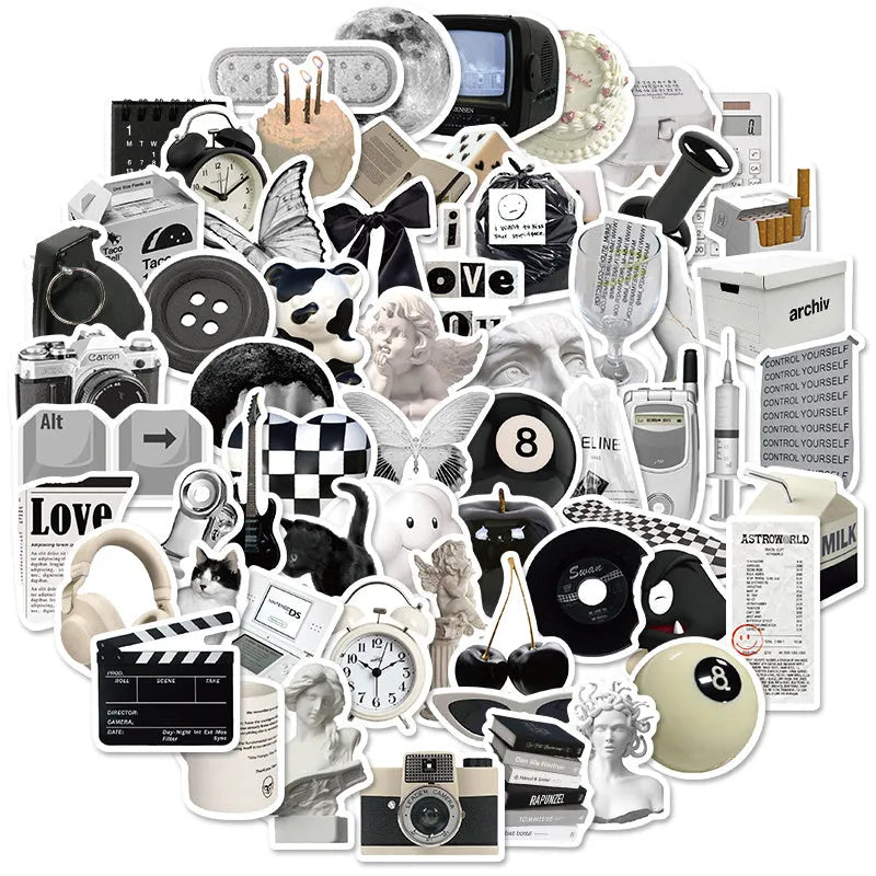 61-piece pack of black and white PVC waterproof decorative stickers for laptops and bottles.