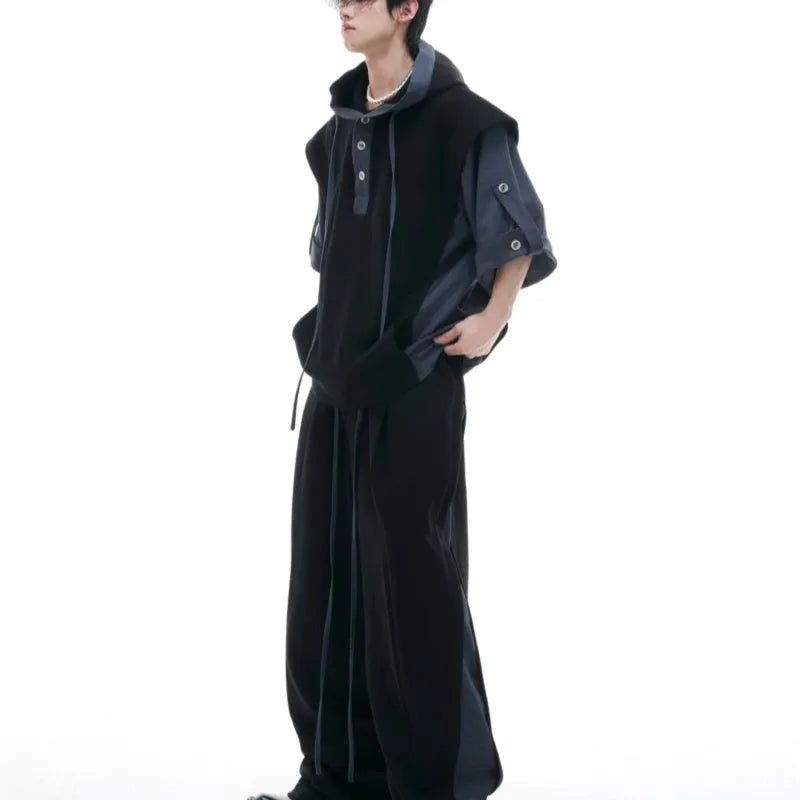 Men's black hooded sports leisure suit with three-dimensional stitching on jacket and trousers