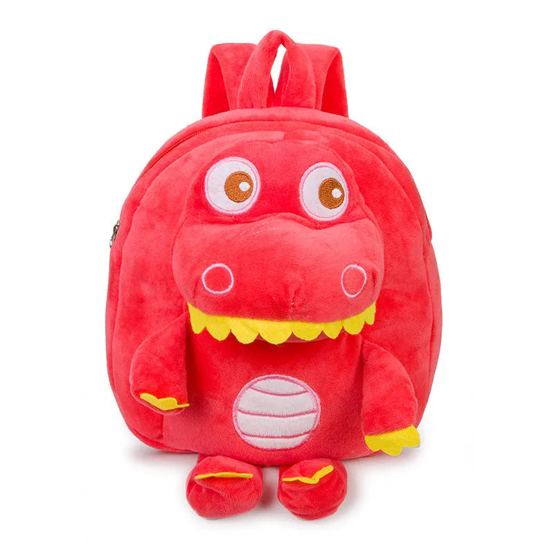 Blue dinosaur plush backpack for children with embroidery, soft handle, and polyester lining.