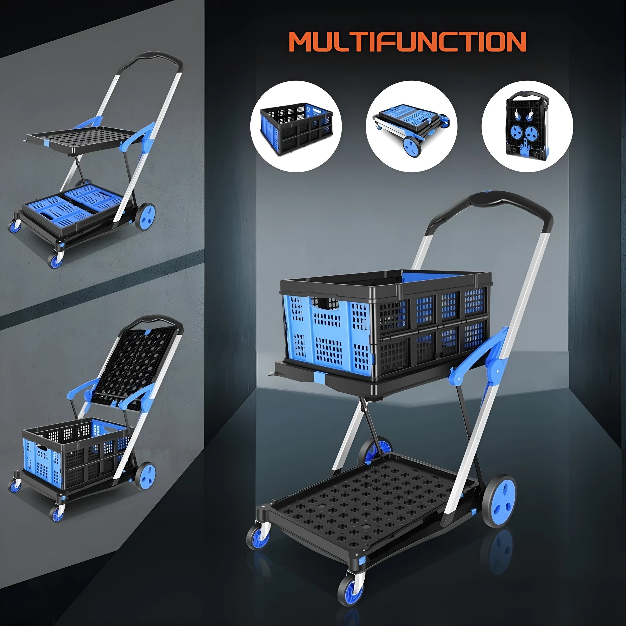 Personality foldable shopping cart with double baskets in blue, purple, pink, or red colours