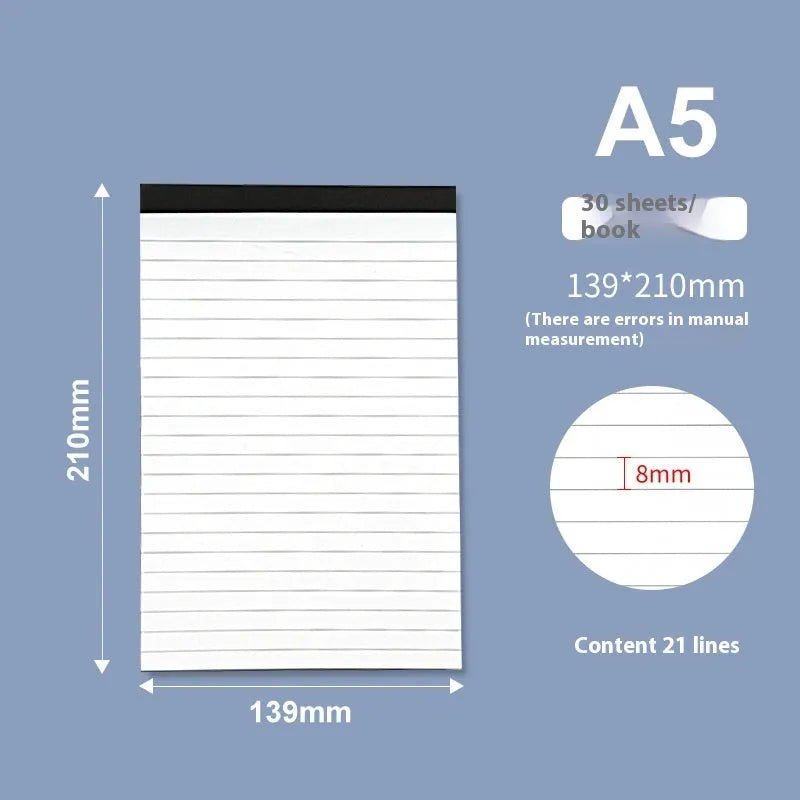 A4 tearable notebook with grid-lined pages and paper cover, showing adhesive binding.