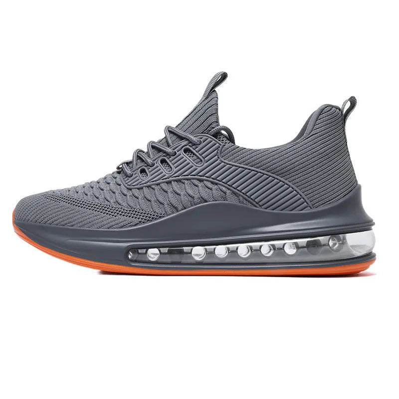 Men's low-top black breathable mesh running sneakers with white rubber sole on a solid background.