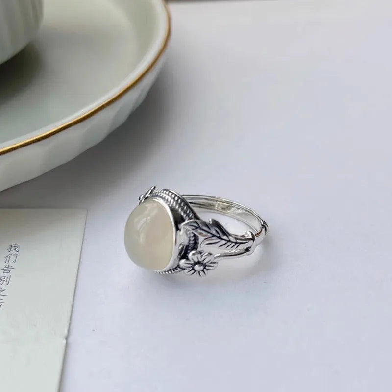 Copper vintage ring with imitation white chalcedony stone and adjustable opening