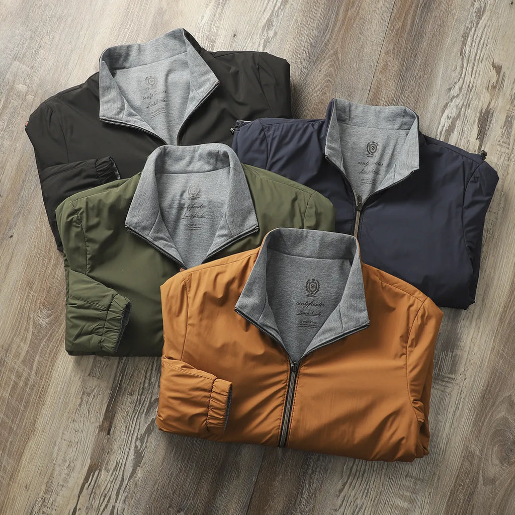 Men's stand collar business casual jacket in polyester with cotton lining, shown in Army Green colour