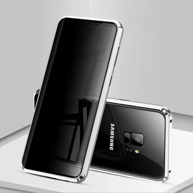 Magnetic privacy phone case for Samsung Galaxy with double-sided glass construction in black colour