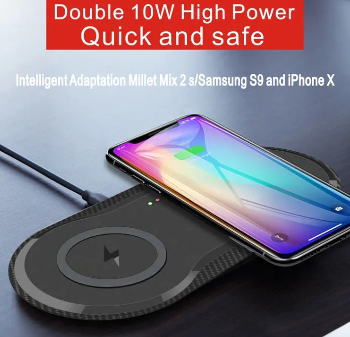 Black and white dual wireless charger charging Samsung and iPhone phones simultaneously