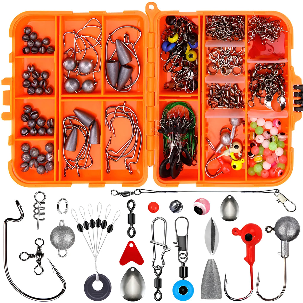 Weihe 257-piece fishing lure accessories set in black ABS organiser box with compartments