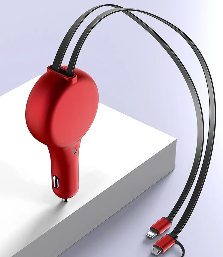 Retractable car charger with extended cables showing dual charging ports and compact design