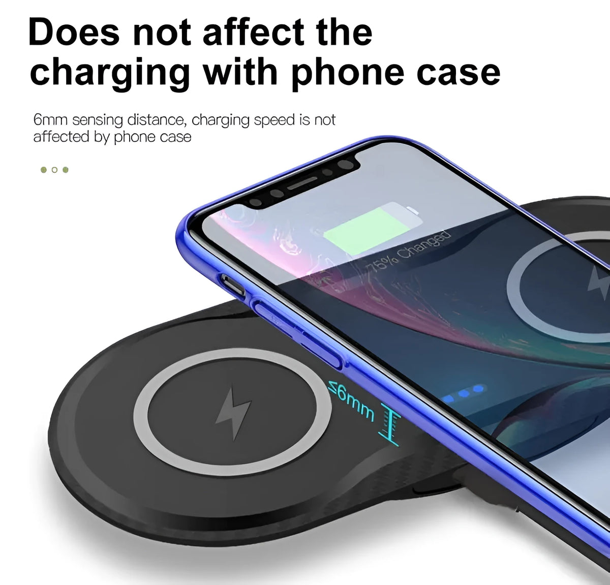 Black and white dual wireless charger charging Samsung and iPhone phones simultaneously