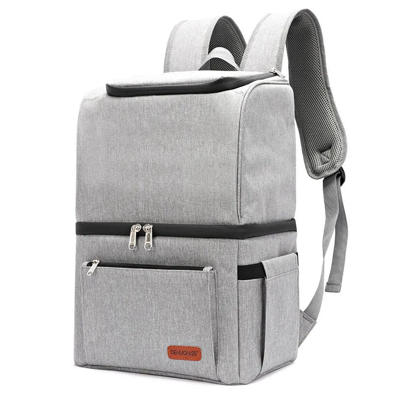 Blue insulated waterproof picnic backpack with double-layer construction and ice pack compartment