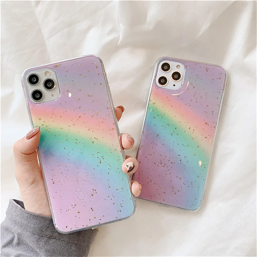 Rainbow colour gradient stripe pattern on a flexible TPU protective case for an iPhone.