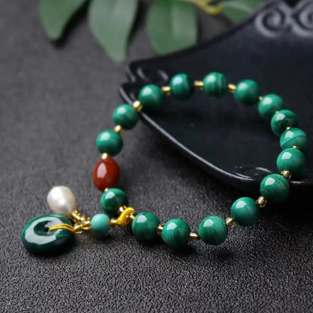 Handmade natural malachite gemstone bracelet with 7-8mm green barrel beads