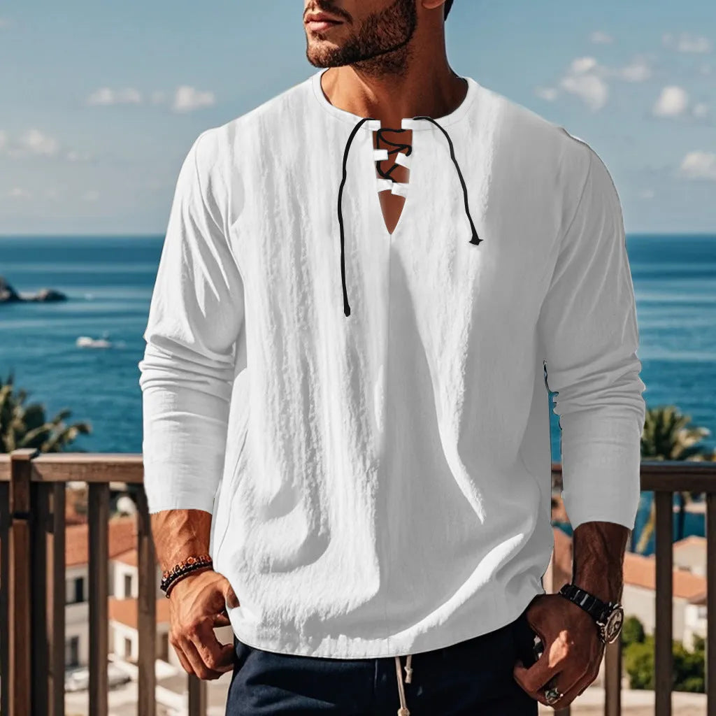Cotton linen blend beach ruff shirt in loose pullover style available in multiple solid colours