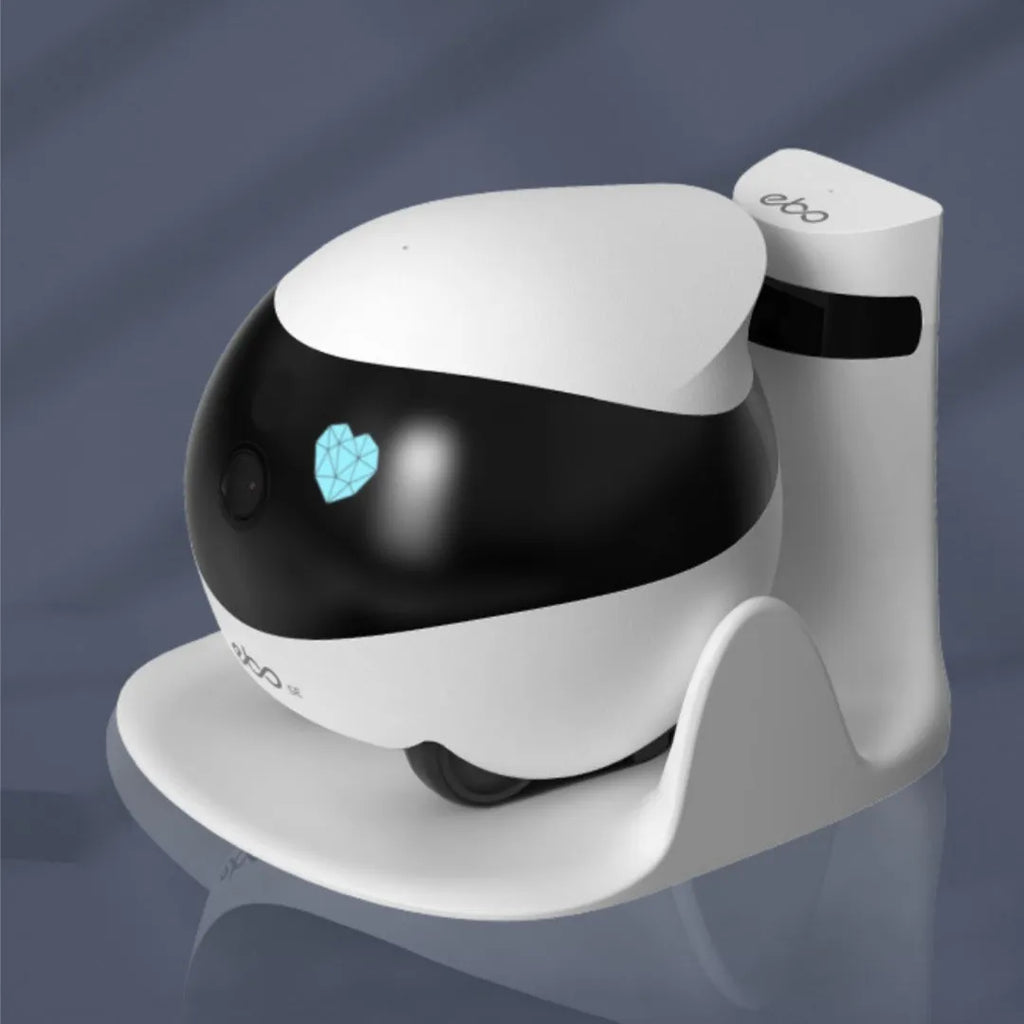 White smart home mobile surveillance robot camera with automatic docking station