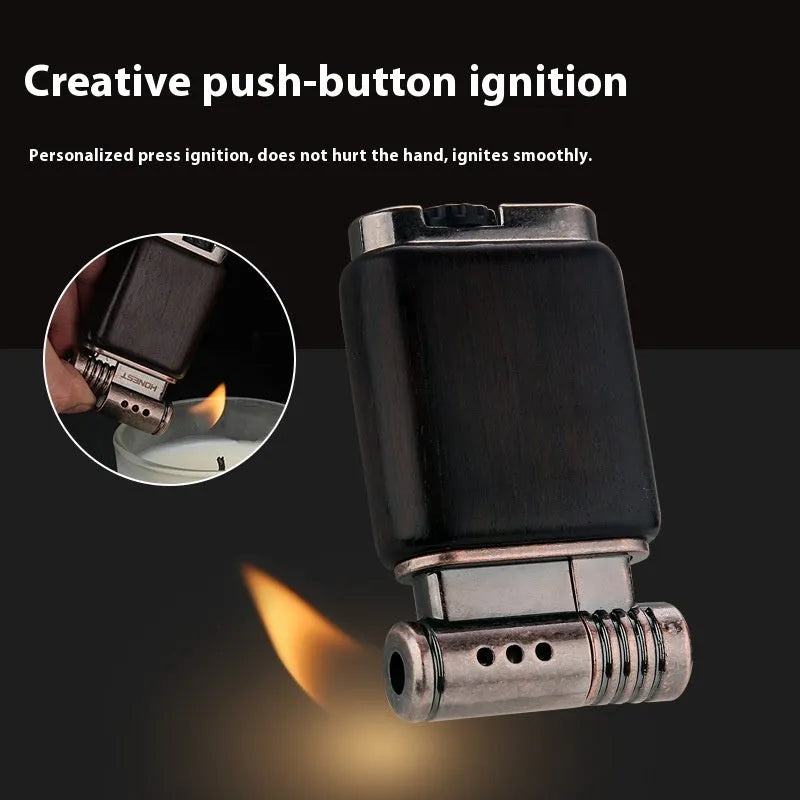 Black wood ebony gas lighter with rosewood sun face, good luck, and pipe carvings