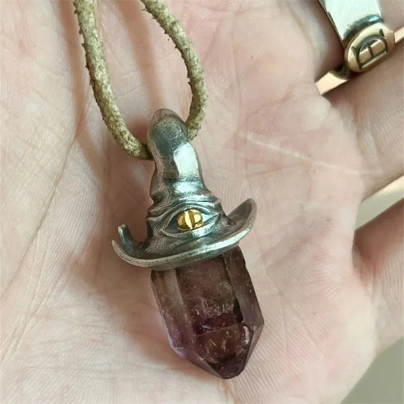 Retro hexagonal witch hat crystal pendant necklace with cowhide rope or black rope and keychain option