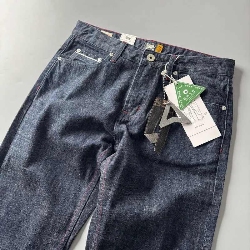 Men's straight leg denim jeans in primary colour with American retro style and mid waist fit