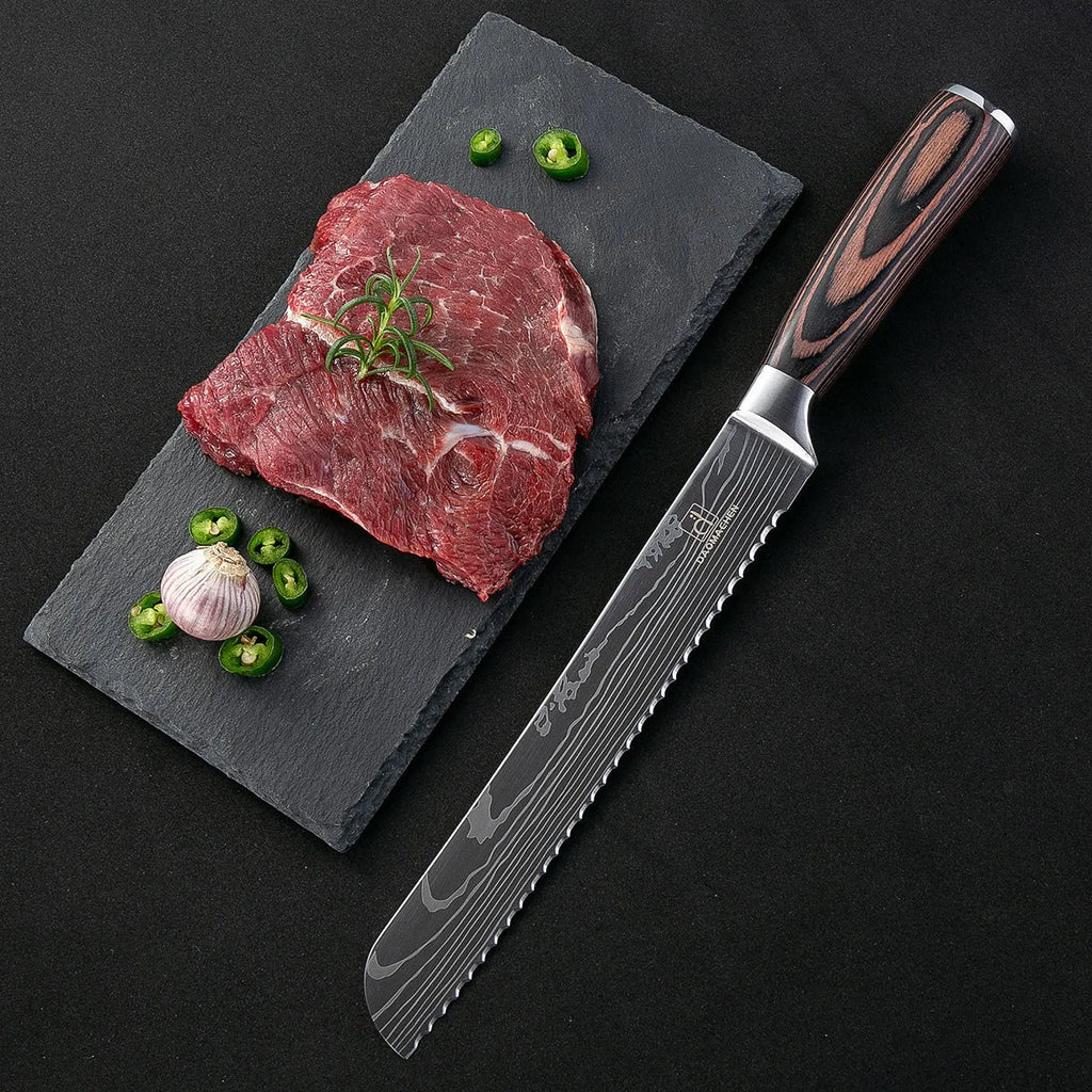 Chef knife with laser Damascus pattern on 7CR17 steel blade and colour steel handle.