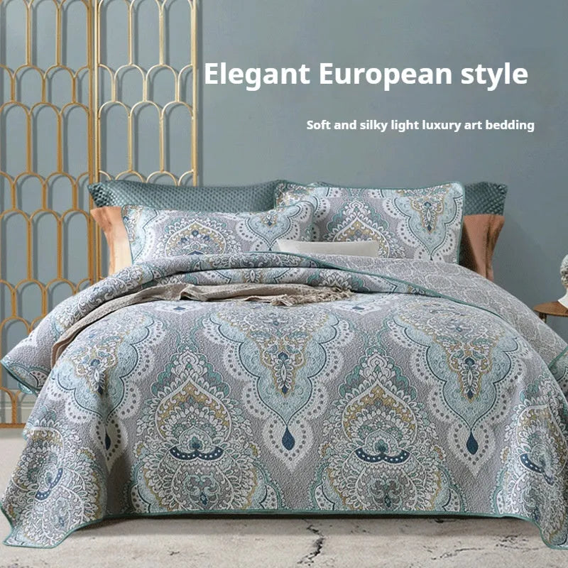Pure cotton bedspread three-piece set with geometric pattern showing bed cover and pillowcases