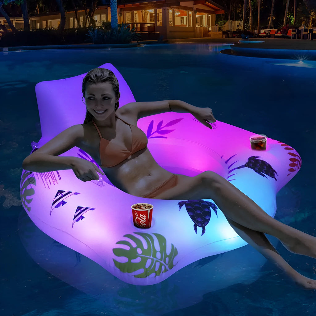 White U-shaped luminous inflatable float for pool seating measuring 120cm by 120cm